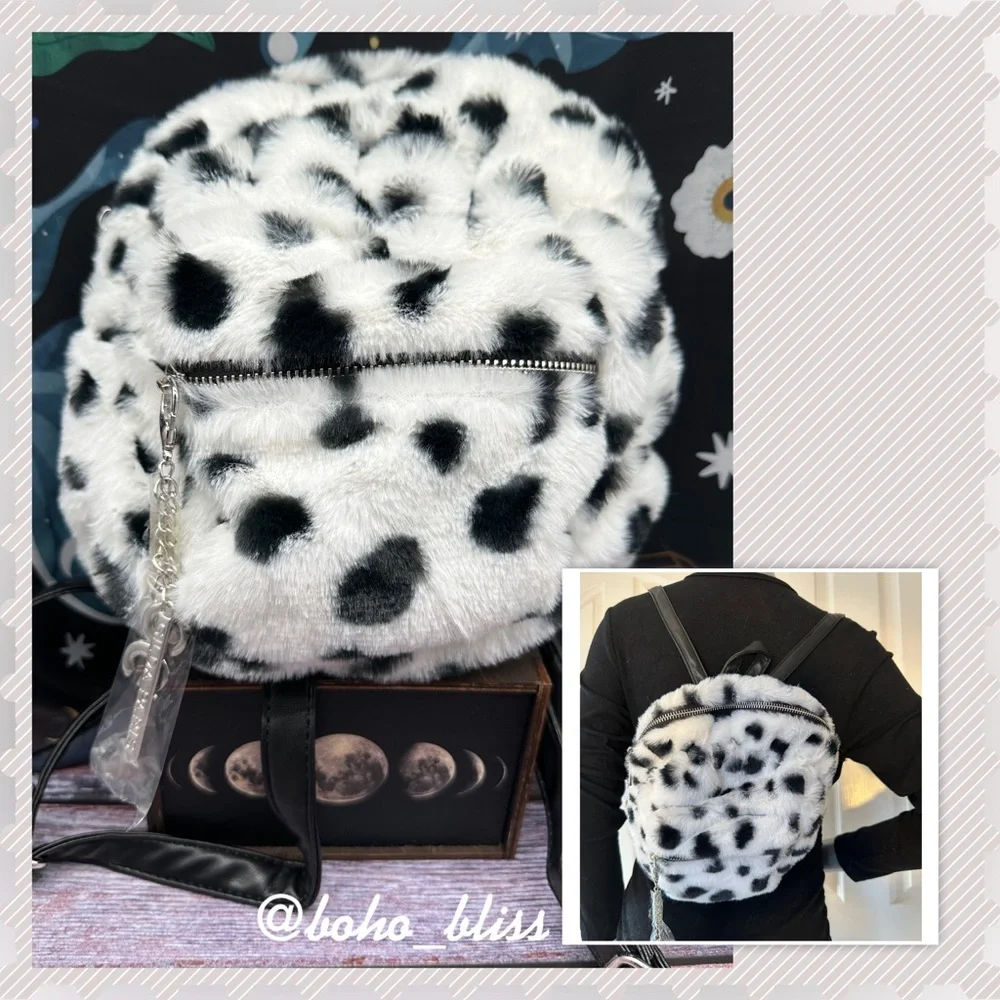 GILDA PARIS | Plush Fur Animal Print Spotted Mini Backpack with Charms NWT